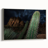 Framed canvas artwork depicting a stunning landscape of canyons, showcasing rich colors and intricate details, with a sleek silver frame enhancing its elegance. Ideal for home decor enthusiasts looking to elevate their space with nature-inspired art.