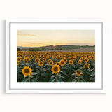 Framed landscape artwork depicting a serene countryside scene, featuring vibrant greenery and a clear blue sky, enclosed in a white mat for a polished finish.
