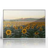 Framed acrylic artwork of a serene countryside landscape, showcasing vibrant green fields and a clear blue sky, presented in a sleek white frame for modern decor.