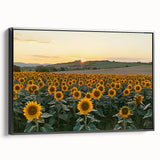 Framed canvas artwork showcasing a beautiful countryside landscape, featuring vibrant green fields and a blue sky, with a sleek black frame enhancing its elegance. Ideal for home decor or office spaces to evoke a serene atmosphere.
