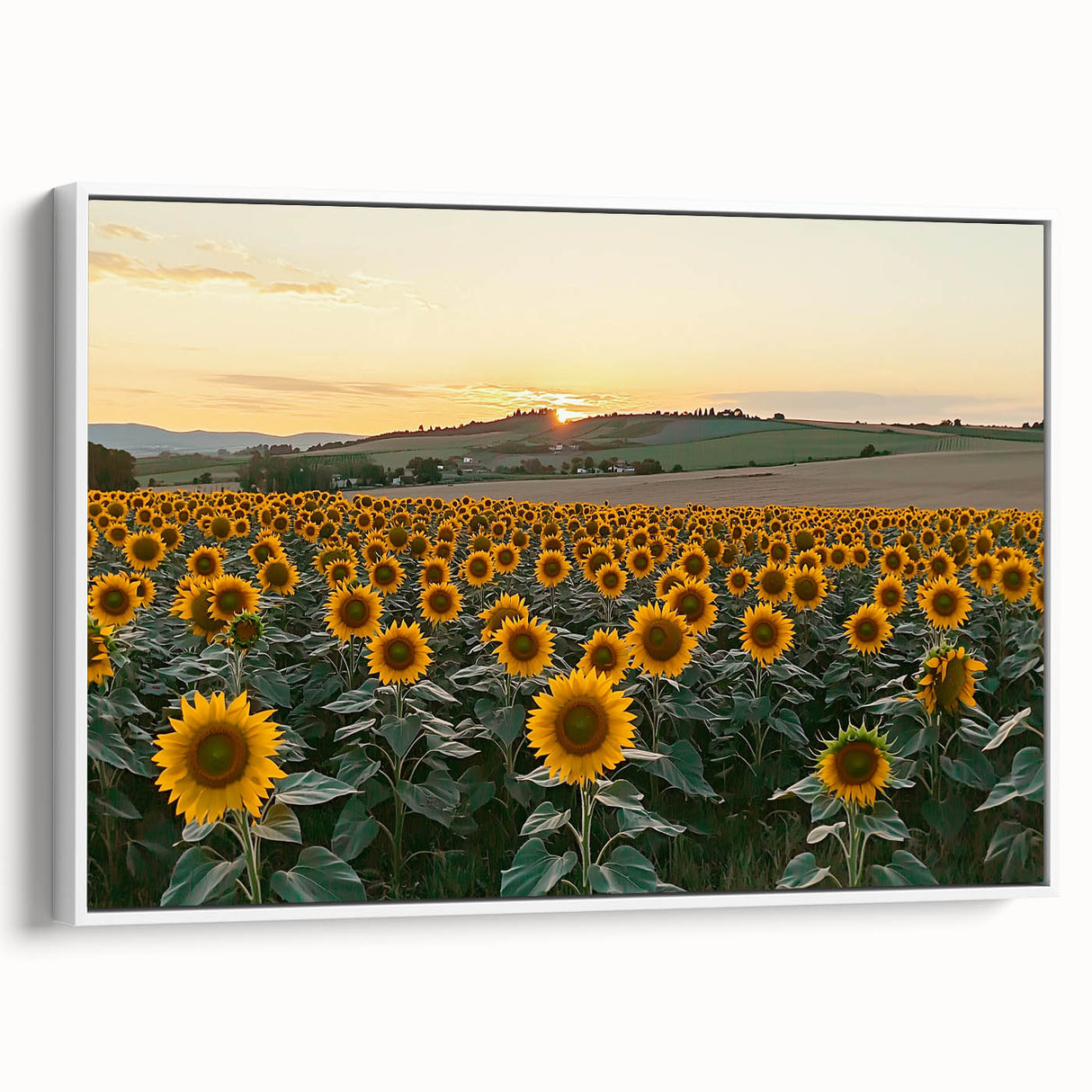 Framed canvas artwork depicting serene countryside landscapes, featuring vibrant greens and soft blues, elegantly displayed with a white frame for a modern touch. Ideal for home decor.