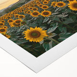 A scenic rolled canvas artwork depicting a serene countryside landscape, showcasing vibrant green fields, rolling hills, and a clear blue sky, ideal for home decor.