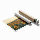 Rolled canvas print showcasing a serene countryside landscape with lush green fields and a vibrant blue sky, elegantly packaged in a protective cardboard tube for safe delivery.