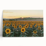 Stretched canvas artwork depicting a serene countryside landscape with lush greenery, rolling hills, and a vibrant sky, perfect for home decor.