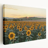 Stretched canvas artwork depicting a serene countryside landscape with rolling hills and vibrant greenery, showcasing detailed brush strokes and rich colors. Perfect for home decor.