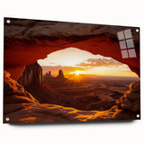 Acrylic glass side view of a vibrant desert landscape design, showcasing warm hues of orange and yellow with intricate pin details, adding depth and visual interest.