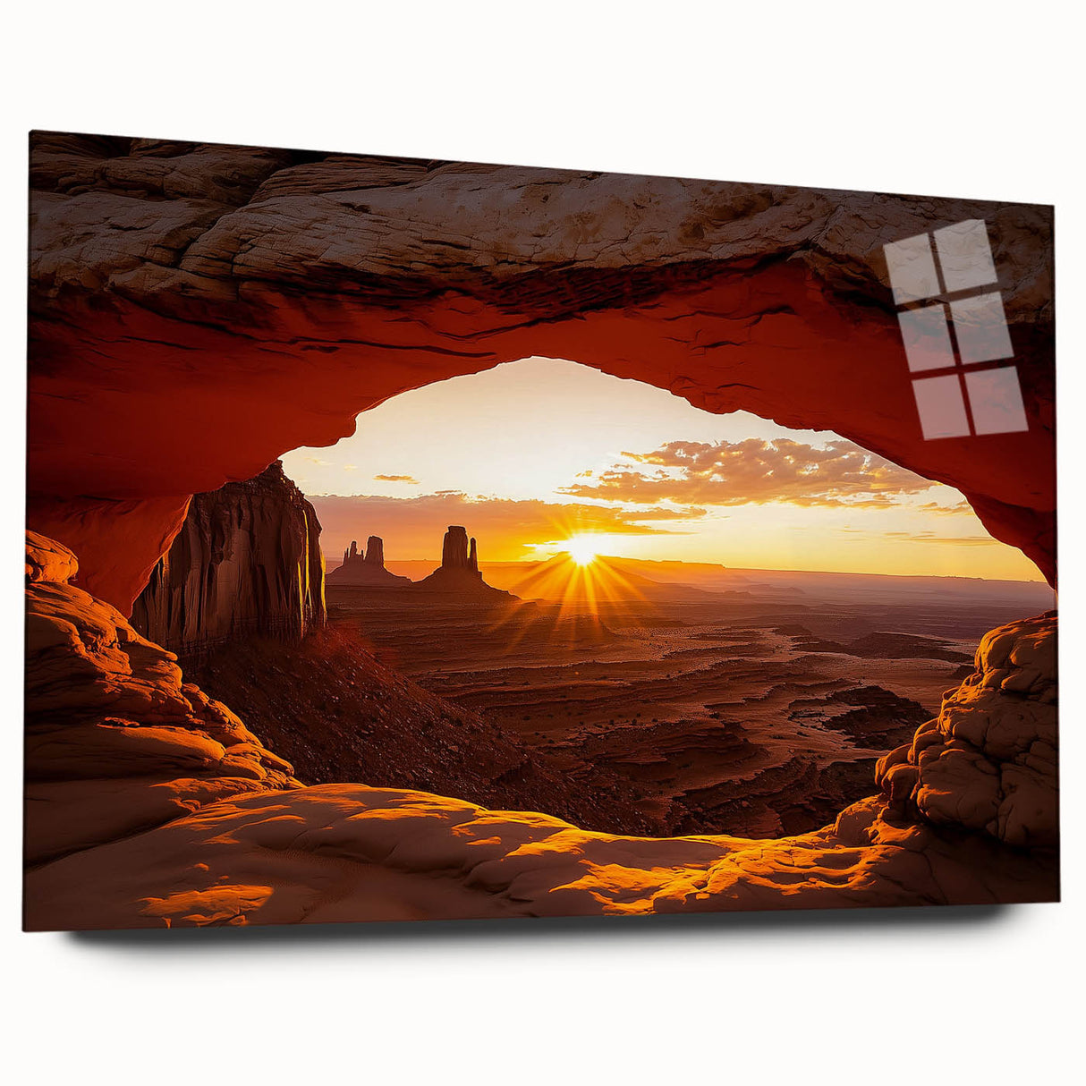 Acrylic landscape artwork depicting a vibrant desert scene, showcased in a sleek glass frame, emphasizing warm colors and intricate details for modern decor.
