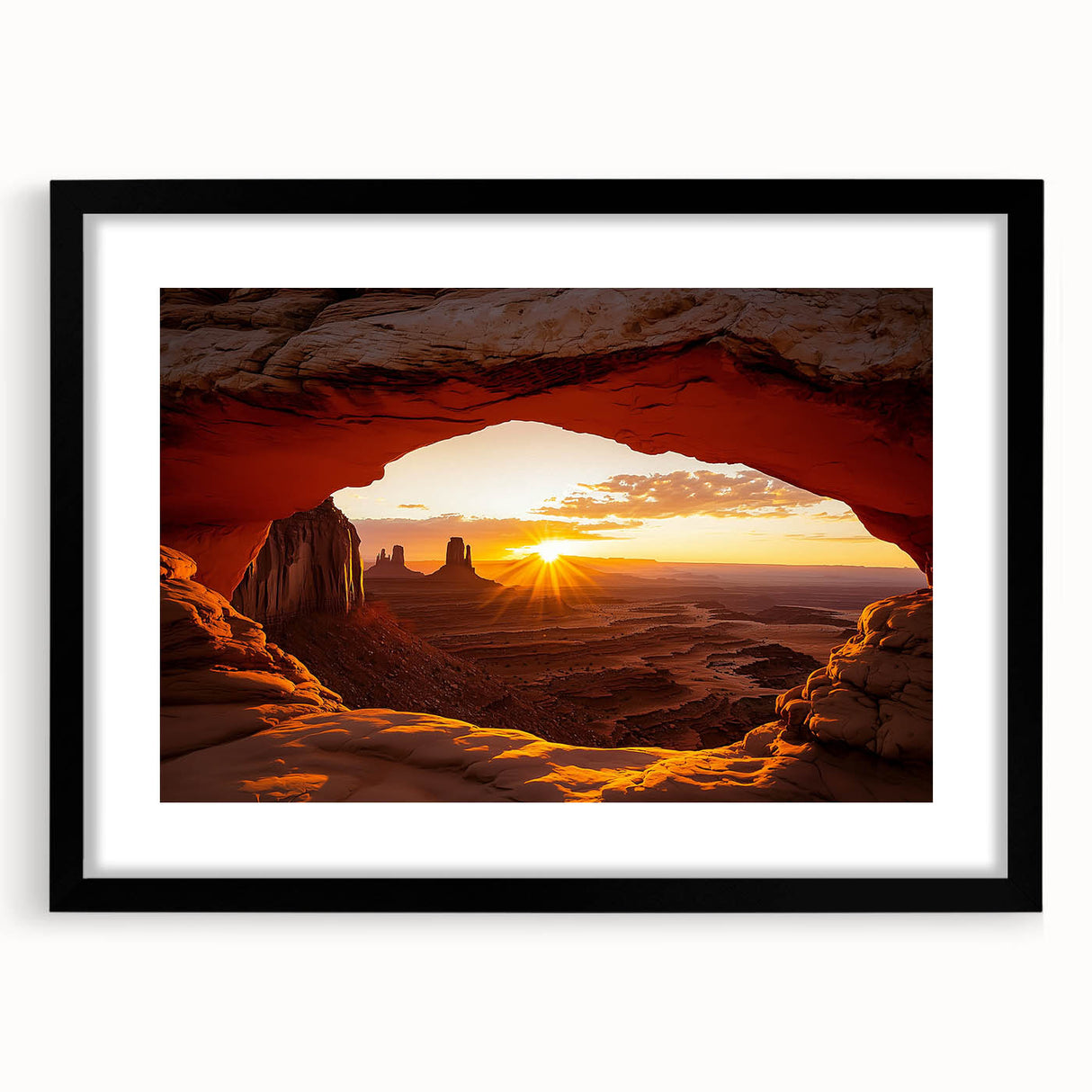 Framed landscape artwork featuring a desert scene, with a sleek black mat and frame, showcasing warm earthy tones and intricate details, perfect for home decor.