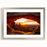 Framed desert landscape artwork with a silver mat, showcasing vibrant hues of orange and gold, perfect for home decor or office styling. Front view highlights the elegant frame design and intricate details, ideal for nature lovers.