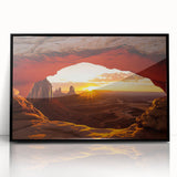 Framed acrylic artwork showcasing a vibrant desert landscape in a black frame, highlighting warm earth tones and expansive skies, perfect for home decor.