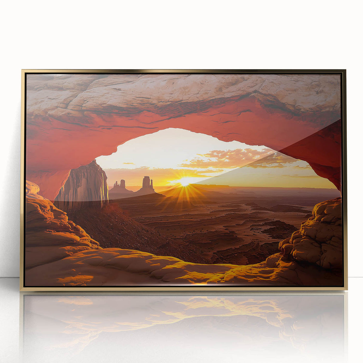 Framed acrylic artwork depicting a vibrant desert landscape with golden hues, ideal for modern home decor. Perfect for adding warmth and style to any room.