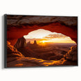 Framed canvas artwork depicting a stunning desert landscape, showcasing vibrant colors and intricate details, presented in a sleek black frame with a side view angle for a modern aesthetic.
