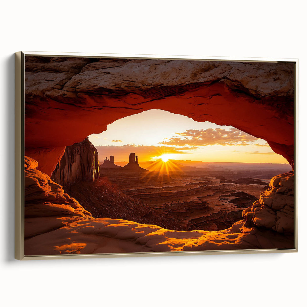Framed canvas artwork depicting a serene desert landscape with golden hues, showcasing intricate details and textures, perfect for enhancing home decor.