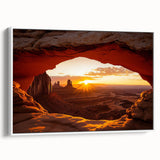 Framed canvas artwork of a desert landscape showcasing vibrant hues of orange and blue, elegantly displayed with a white border, ideal for modern home decor.