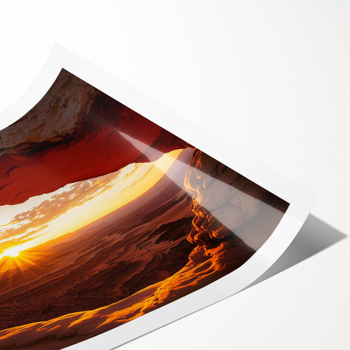Desert landscape rolled print showcasing vibrant hues of orange and yellow with intricate details of cacti and mountains, ideal for home decor and art enthusiasts.