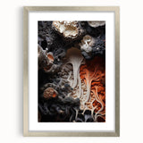 Textured abstract art print in muted earth tones, framed in silver, ideal for bedroom decor.