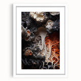 Abstract art print featuring close-up natural elements in muted earth tones on a white framed canvas.