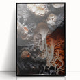 Large abstract wall art print featuring black and white close-up natural elements, in a black frame.