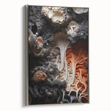 Landscape art painting on framed canvas featuring a vintage poster style with a black and colorful palette.