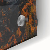 Large abstract wall art in autumn hues on acrylic glass, ideal for dining room ambiance.