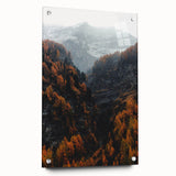 Large abstract wall art depicting autumn leaves in orange and red hues on acrylic glass, ideal for dining room decor.