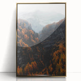 Large art print of a mid-century modernist autumn scene in acrylic, framed in gold, ideal for nursery wall decor.