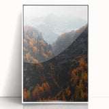 Art deco poster depicting autumnal trees in muted orange and brown, framed acrylic, suitable for modern nursery decor.