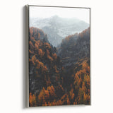 Framed canvas featuring a vintage landscape art painting with colorful autumn trees against a black background.