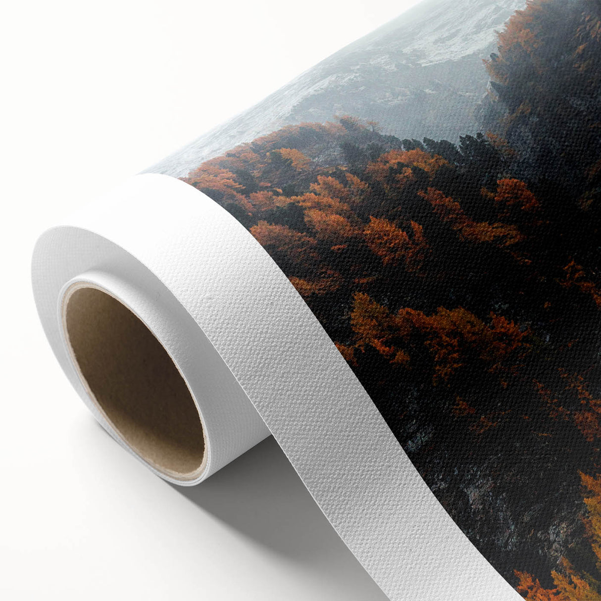 Art deco poster of an autumnal scene on rolled canvas, featuring warm orange and brown tones, ideal for nursery wall art.