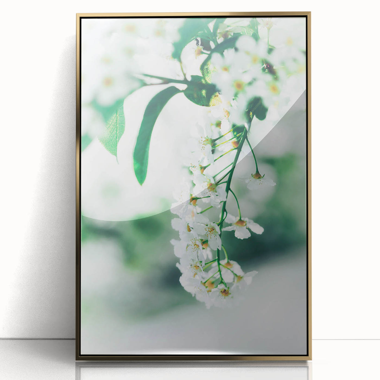 Spring-themed large art print, mid-century modernist style in muted green and gold tones, framed acrylic.