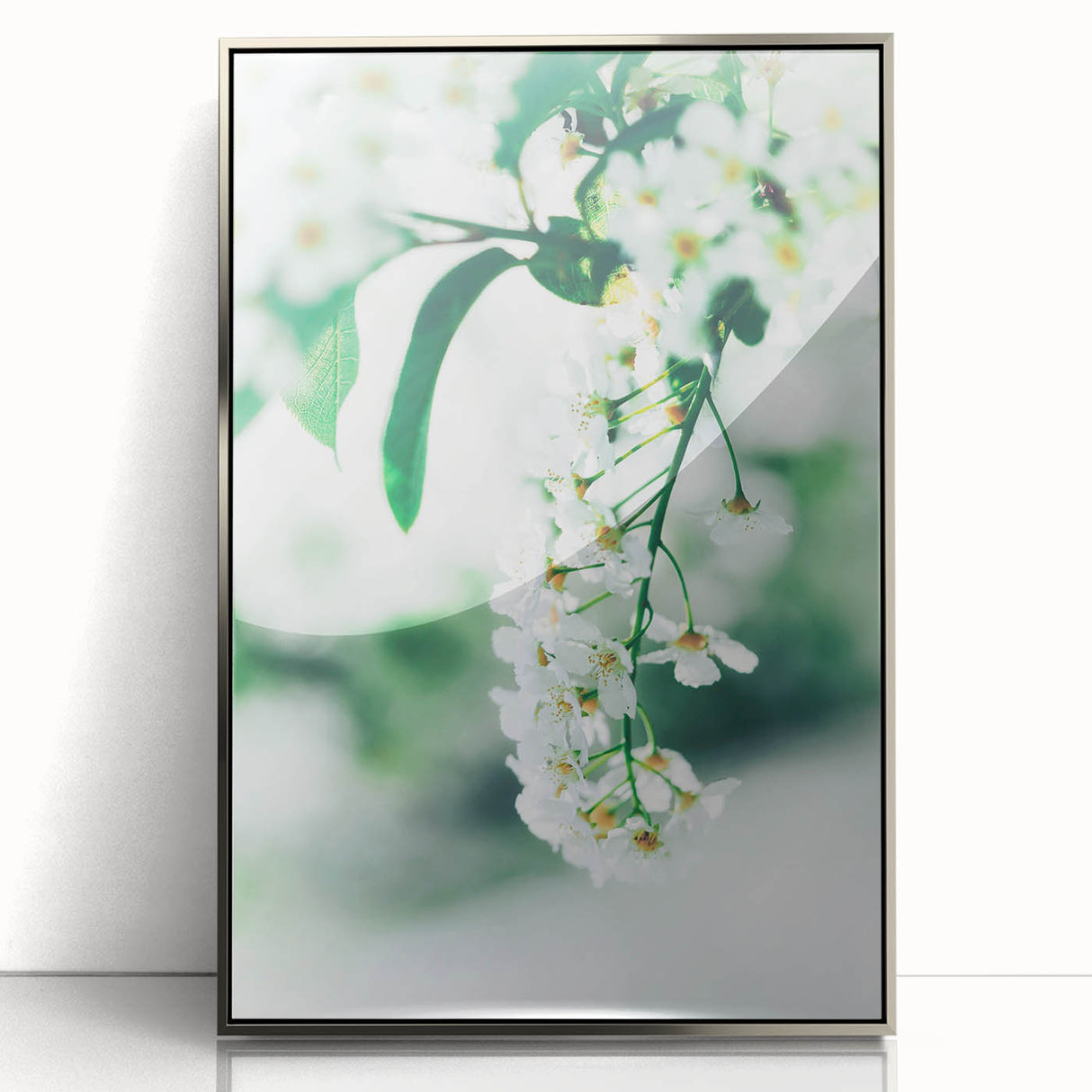 Mid-century modernist art of spring season in pastel shades on a silver-framed acrylic print, suitable for nursery wall art.