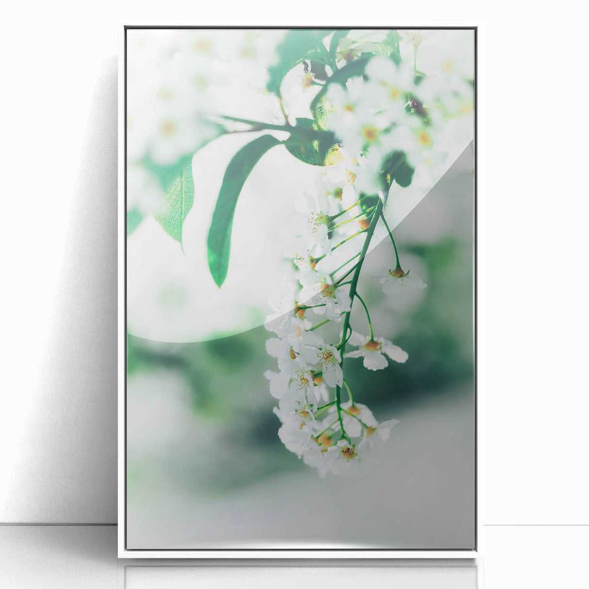 Art deco poster featuring a spring season motif in pastel shades, framed in white acrylic, suitable for nursery wall art.