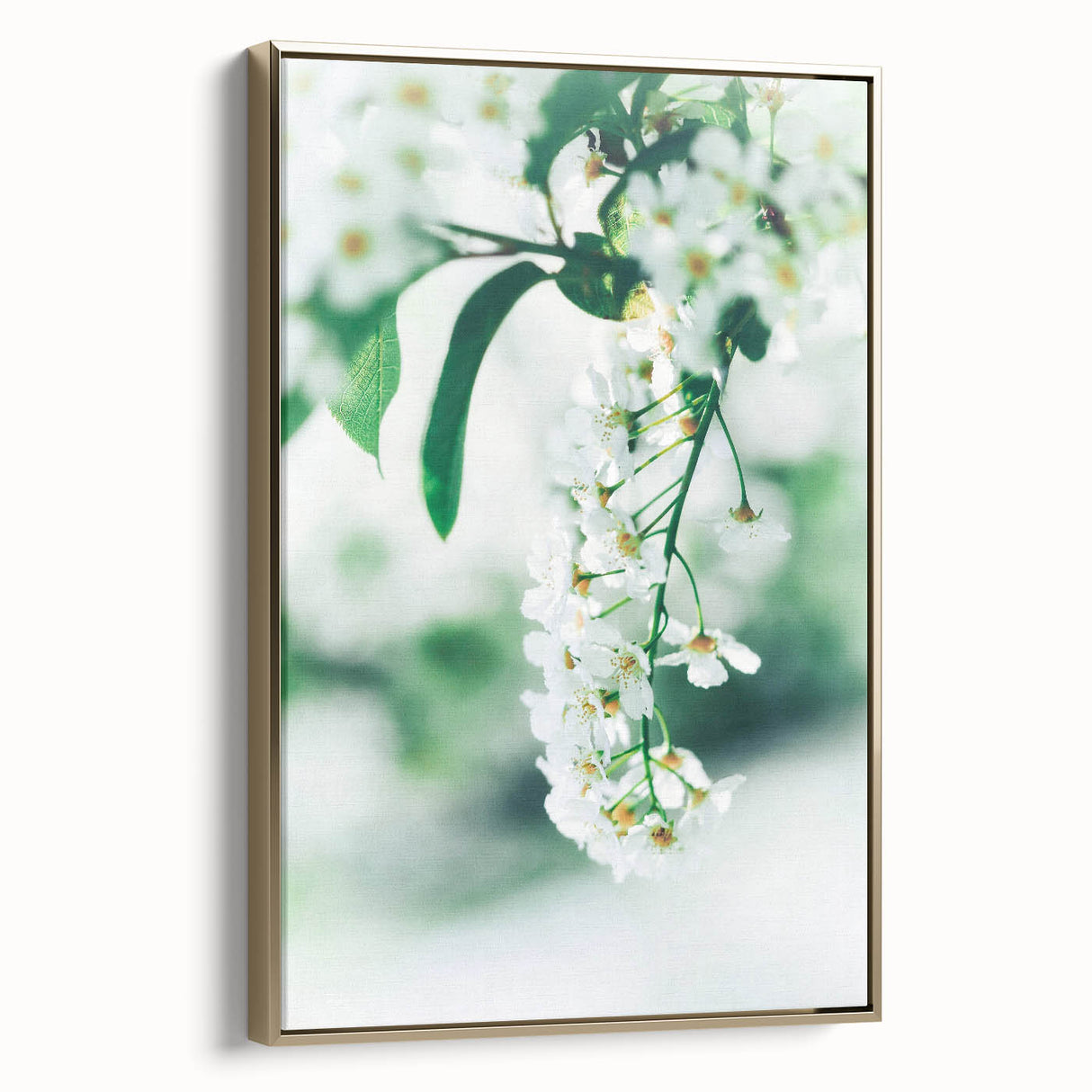 Framed canvas featuring a vintage-style landscape painting with spring scenes in muted greens and browns.