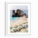 Abstract art print featuring swirling blue and green tones on a white framed canvas, suitable for dining room decor.