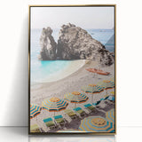 Large acrylic print of a mid-century modernist summer scene, framed in gold, ideal for nursery wall decor.