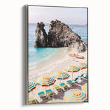 Landscape art painting of a summer scene on framed canvas, featuring vibrant colors with a vintage poster style.