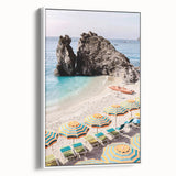 Vintage poster art featuring a colorful summer scene on a large framed canvas, suitable for living room decor.