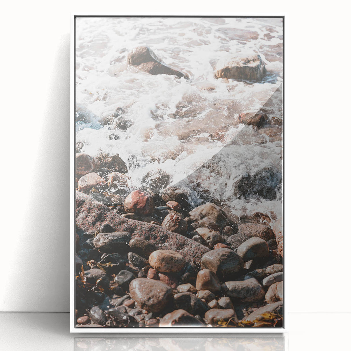 Art Deco poster featuring a geometric pattern in soft pastel colors, presented in a white acrylic frame.