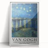 Mid-century modernist art depicting a starry night in vibrant blue and yellow tones on a white-framed acrylic print.