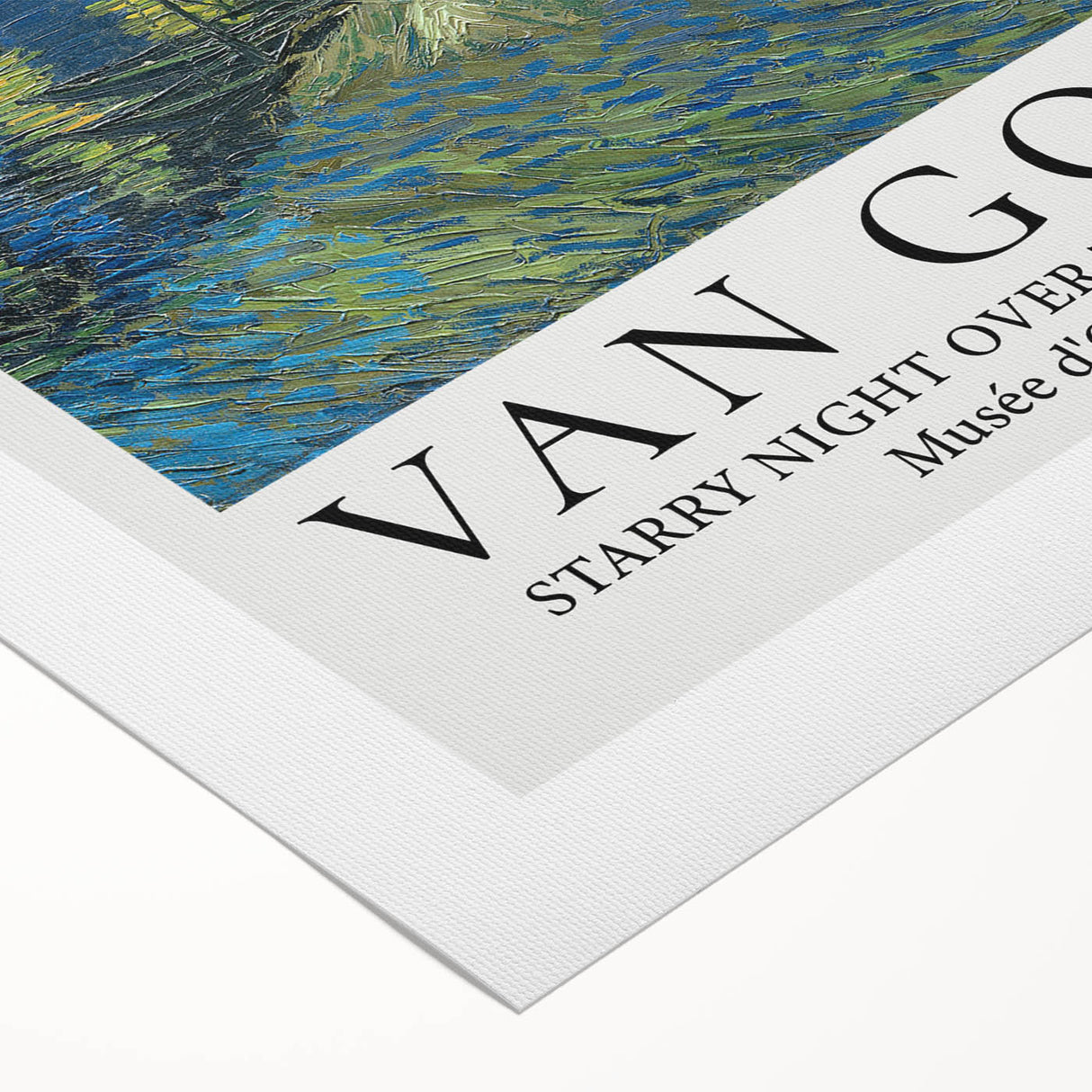 Art deco poster featuring a stylized Van Gogh portrait in muted blue and yellow tones on a rolled canvas.