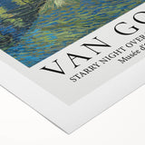 Art deco poster featuring a stylized Van Gogh portrait in muted blue and yellow tones on a rolled canvas.
