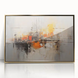Framed abstract wall art featuring vibrant strokes in gold and black, set in an elegant acrylic frame, ideal for modern home decor and stylish interiors.