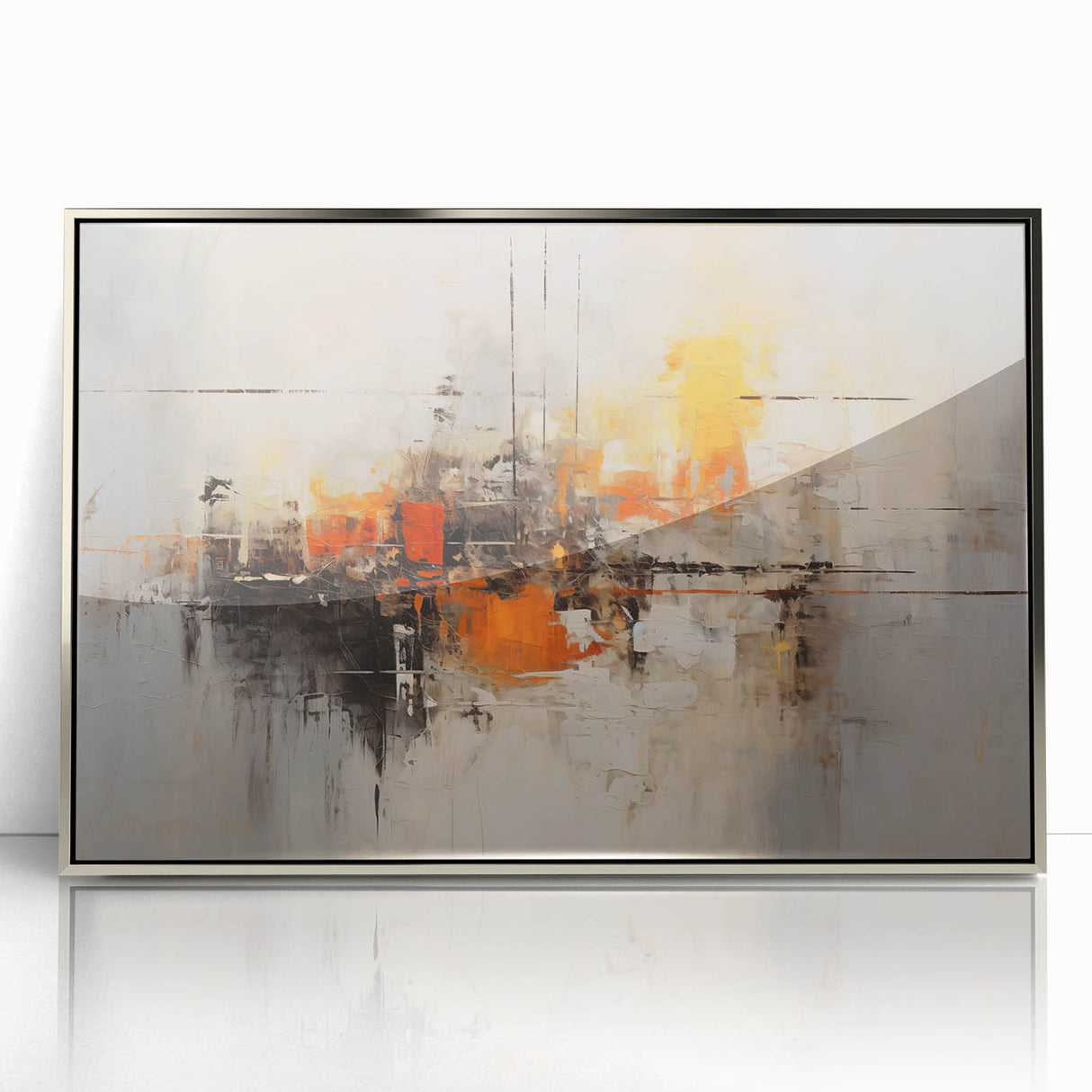 Framed abstract wall art featuring colorful strokes in vibrant hues of blue, pink, and gold on a sleek silver background, perfect for modern home decor.