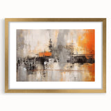 Abstract wall art print showcasing dynamic strokes in gold and black, framed with a mat, perfect for modern home decor. Ideal centerpiece for stylish interiors.