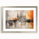 Abstract wall art featuring dynamic gray and silver strokes in a sleek frame with a mat, ideal for modern decor. Perfect for adding sophistication to any room.