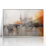 Framed abstract wall art featuring colorful strokes in shades of blue, orange, and white, perfect for modern home decor and artistic expression.