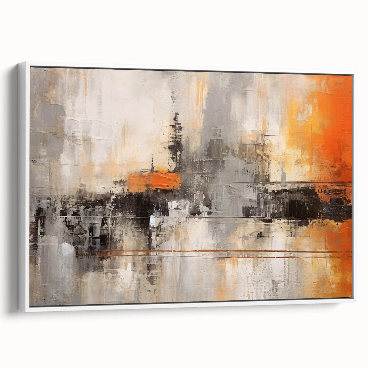 Framed canvas art with abstract strokes in shades of blue, grey, and white, showcasing a modern design perfect for contemporary home decor.
