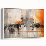 Framed canvas art with abstract strokes in shades of blue, grey, and white, showcasing a modern design perfect for contemporary home decor.