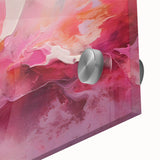 Close-up of abstract wall art featuring vibrant strokes in shades of blue, pink, and gold, printed on acrylic glass, perfect for modern decor.