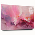 Abstract wall art print showcasing vibrant strokes in blue, yellow, and pink hues, displayed in a side view on acrylic glass with pins for mounting, perfect for modern decor.